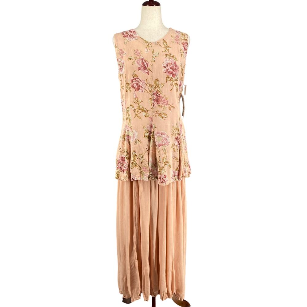 Vtg 90s NOS Victorian Romantic Boho Rose Floral Crinkle Rayon Maxi Dress M